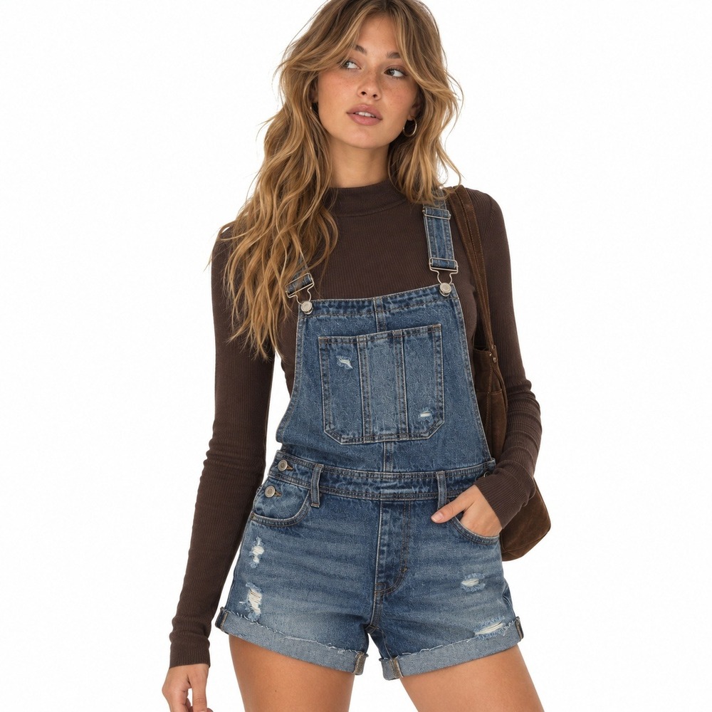 NWT Kancan KC7851M Distressed Denim Short Overalls Medium Wash Boho Size M
